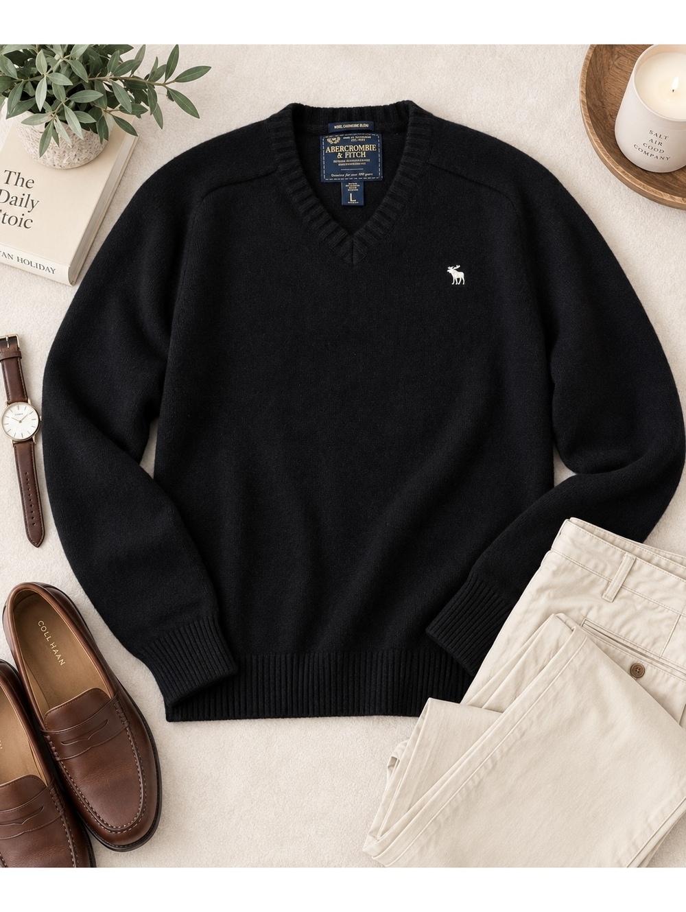 Abercrombie & Fitch Men’s L Wool Cashmere Sweater Black V Neck Moose Logo